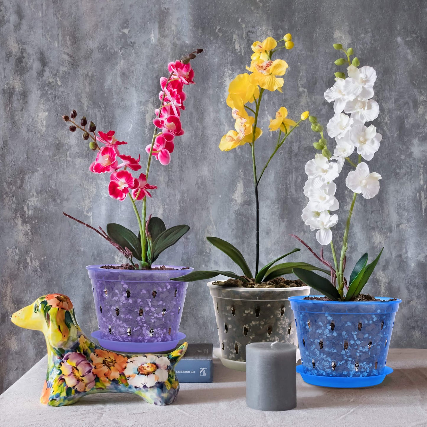 lanccona Orchid Pot, 6.7 Inch 8 Pack Orchid Pots with Holes and Saucers,Plastic Orchid Planter - Purple Amethyst