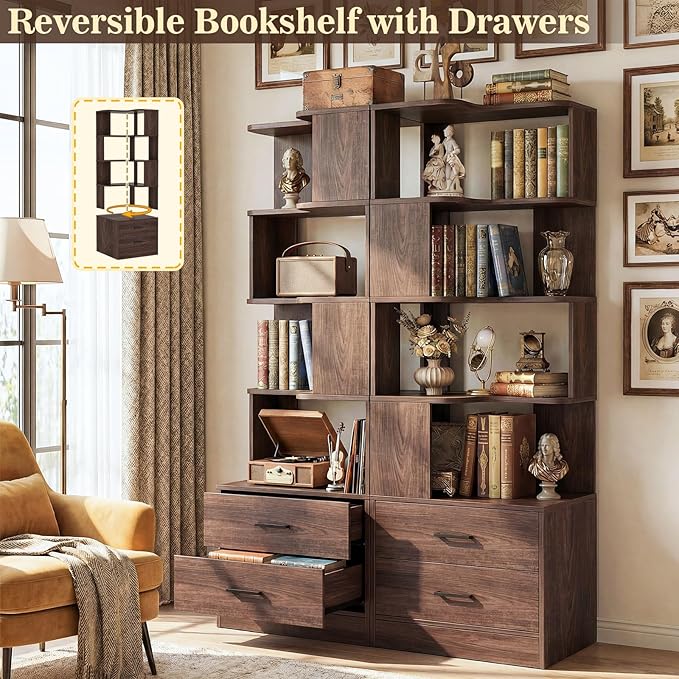 Armocity Corner Bookshelf with Drawers, 7 Tier Corner Book Shelf Display