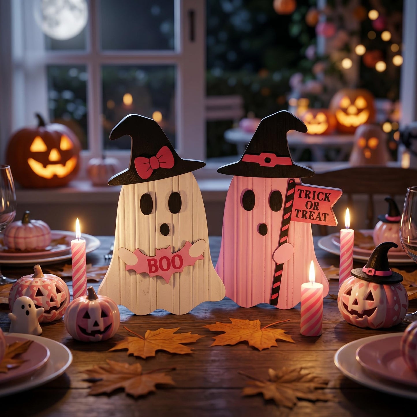 Valery Madelyn Pink Halloween Decorations, Set of 2 Cute Halloween Ghost Decor, Witch Hat Boo & Trick or Treat Wooden Tabletop Signs for Home, Shelf, Tiered Tray Party Display, 7 Inch