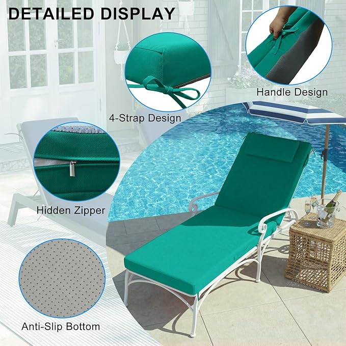 Outdoor Chaise Lounge Cushions, 71x21 Inch Olefin Water & Fade Resistant Pool