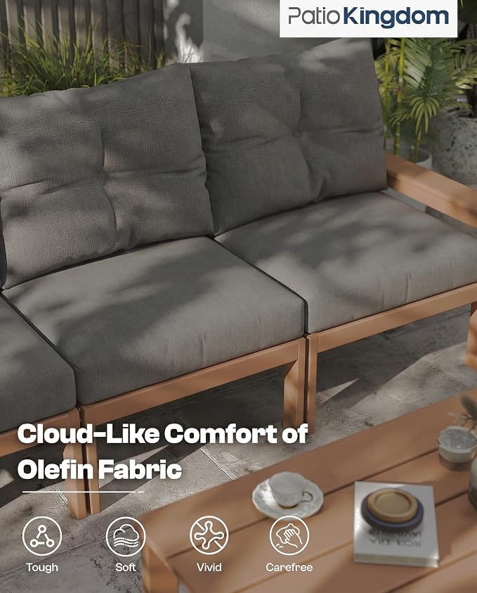 HDPE Outdoor Patio Furniture Set, 7-Piece Patio Conversation Sets with Coffee Table & Side Table & Grey Washable Thick Cushions, Outdoor Sofa for Balcony, Porch, Poolside (Teak Frame)