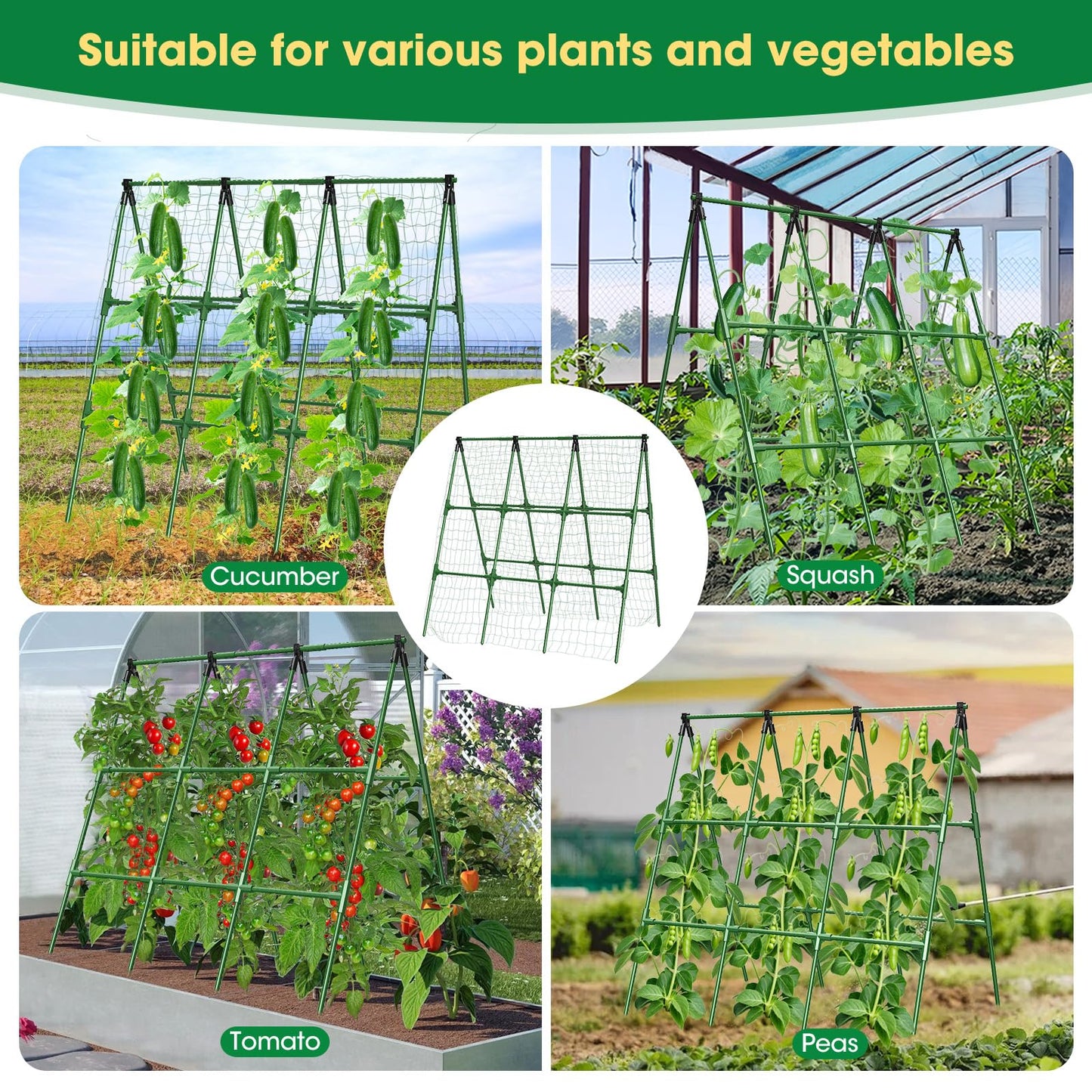 51" x 53" Cucumber Trellis for Raised Bed, A-Frame Garden Trellis for Climbing Plants Outdoor, Rust-Proof Metal Support for Tomato, Peas, Beans, Zucchini & Vines, with Netting & Clips