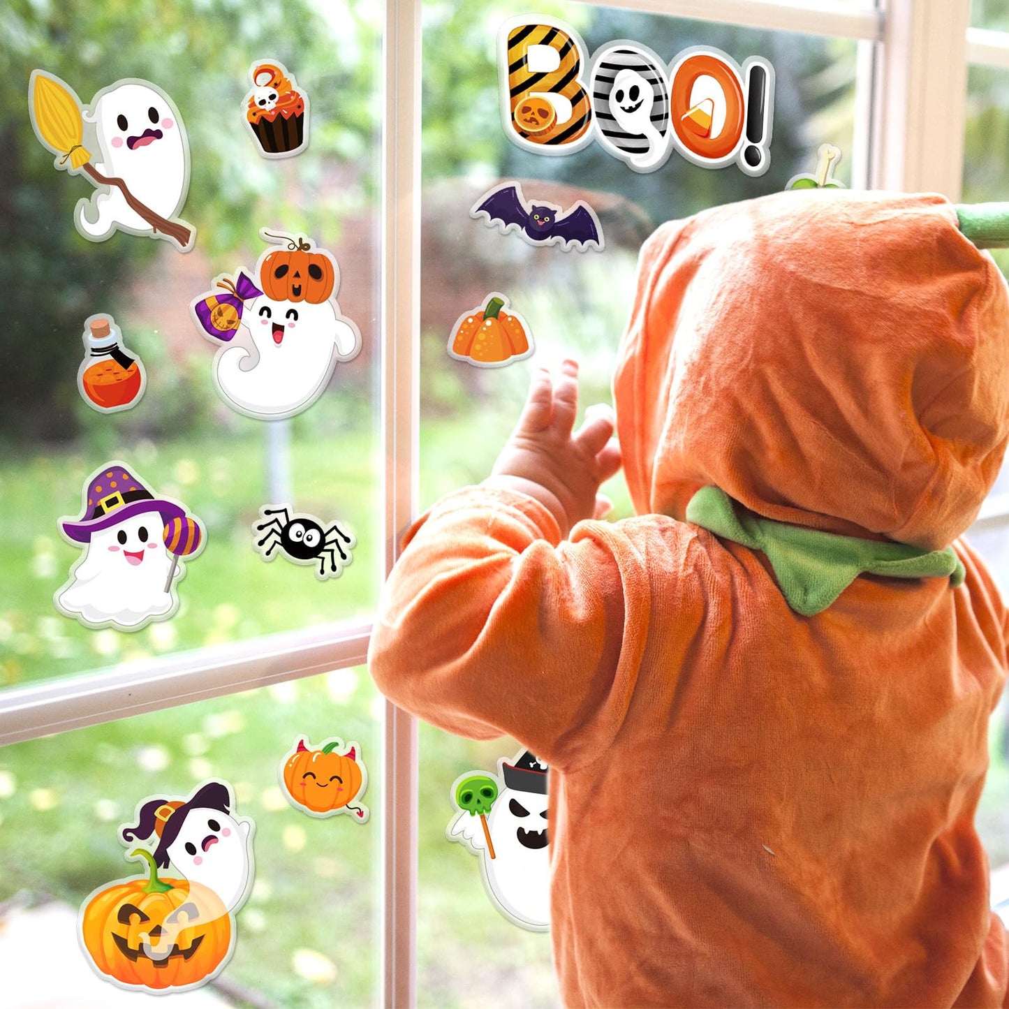 Whaline 32Pcs Halloween Thick Gel Window Clings Cute Ghost Pumpkin Boo Gel Decals for Holiday Home Classroom Nursery Glass Decor, 2 Sheets