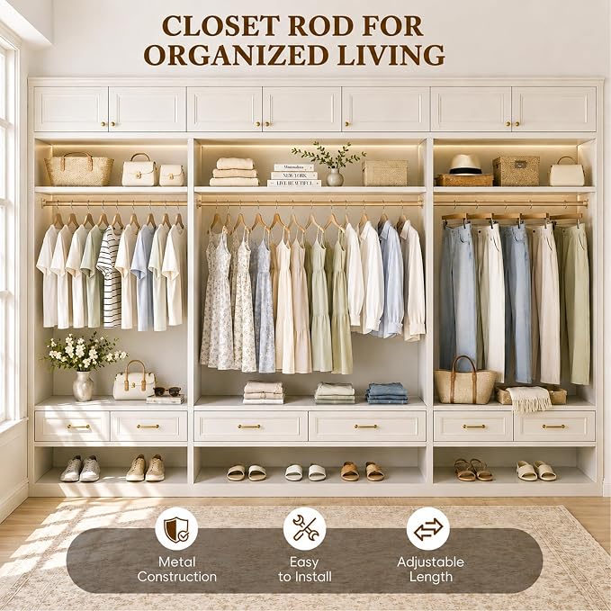 Heavy Duty Closet Rod, 17-84 IN Closet Rods for Hanging Clothes, Gold | Stepless Adjustable, Supports up to 66 lbs, Multiple Size Options, Easy Installation, Multi Purpose , Wall-Mounted