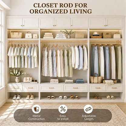 Heavy Duty Closet Rod, 17-84 IN Closet Rods for Hanging Clothes, Gold | Stepless Adjustable, Supports up to 66 lbs, Multiple Size Options, Easy Installation, Multi Purpose , Wall-Mounted