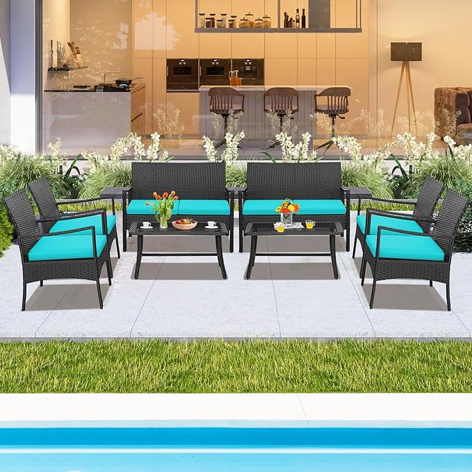 Tangkula 8 Pieces Rattan Conversation Set, Patio Sofa Couch Set