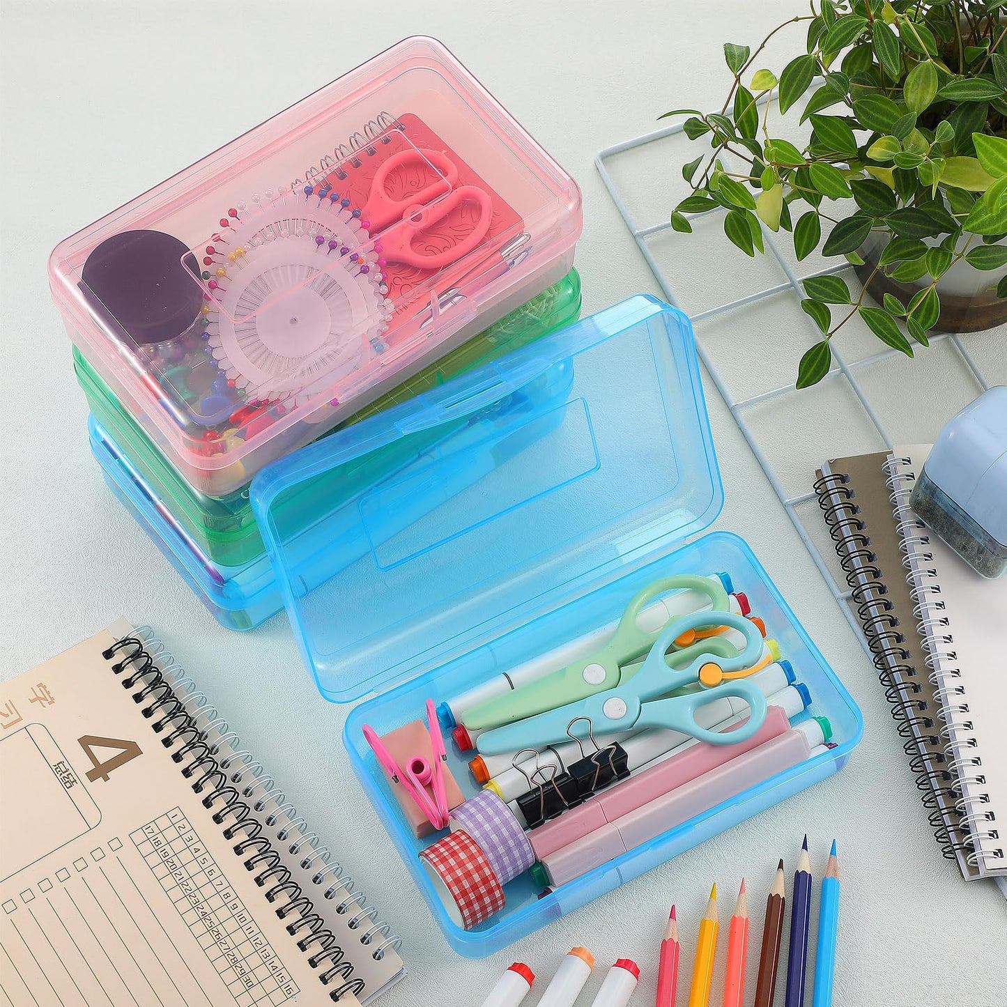 Fainne 24 Pack Pencil Boxes for School Clear Plastic Pencil Case Large Plastic Crayon Box Stackable Classroom Stationery Organizer School Supplies (Light Pink, Light Blue,Mint Green)
