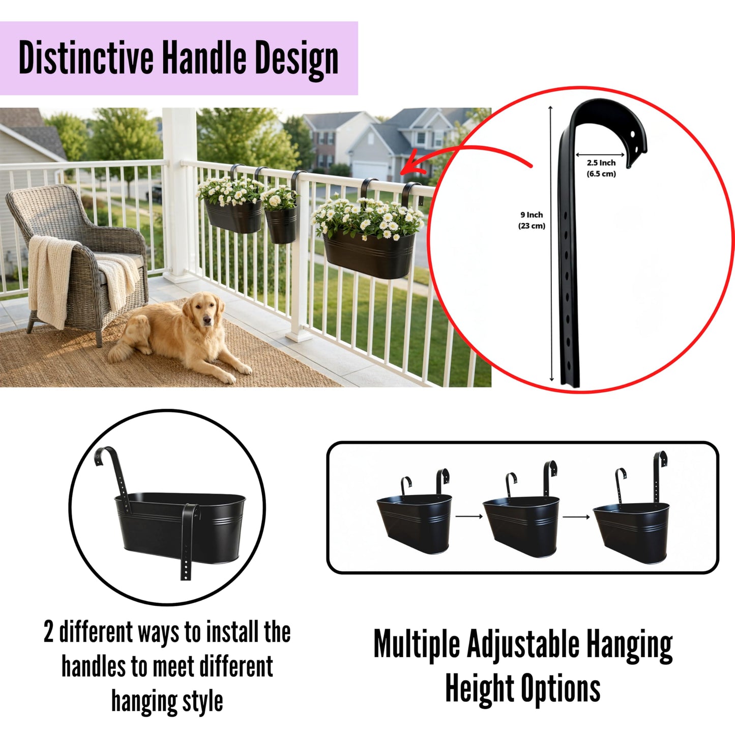 LaLaGreen 17 Inch Rail Planter (10-PIECE Combo Set) Large Black Metal Hanging Rail Fence Flower Pots, Modern Railing Planters for Outdoor Plants Garden Style Iron Patio Planters Deck Balcony Decor