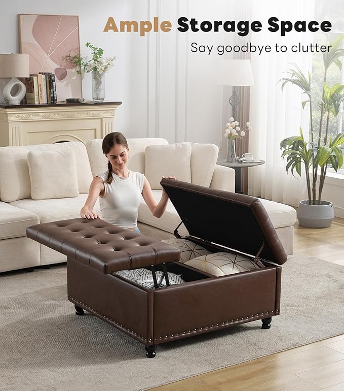 Tbfit Large Square Storage Ottoman Bench, Tufted Upholstered Coffee Table