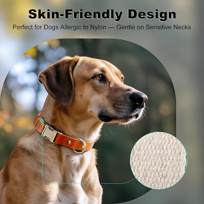 Plutus Pet Genuine Leather & Hemp Dog Collar – Adjustable Heavy Duty Pet Collar with Quick Release Metal Buckle, Soft & Stylish for Puppy and Small, Medium, Large Dogs (Light Brown, L)