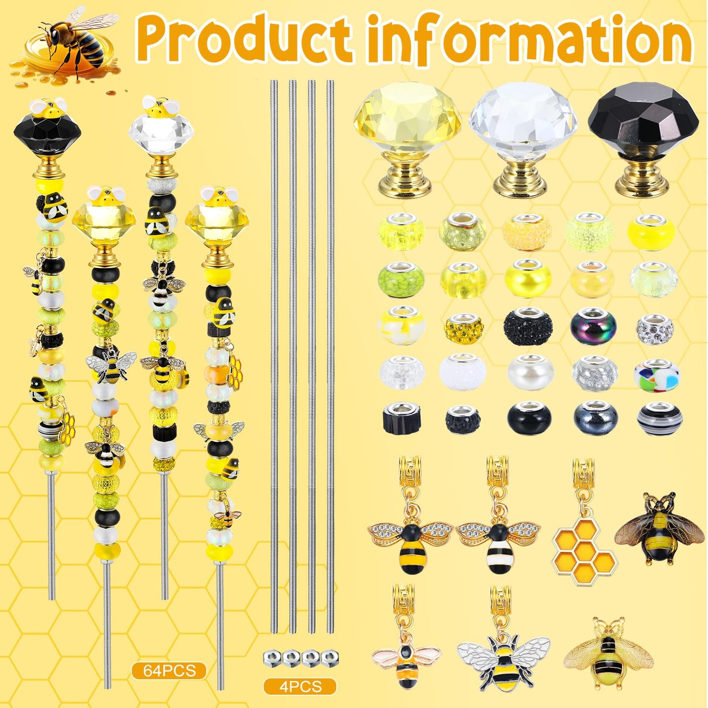 Lineshading 118 Pcs Bee Garden Stakes Fairy Wand DIY Beaded Stakes Garden Decor Includes 4 Crystal Stopper Top 10 Bee Pendant 68 Large Hole Beads 4 Threaded Rods 4 Pcs Nuts, for Craft Supply
