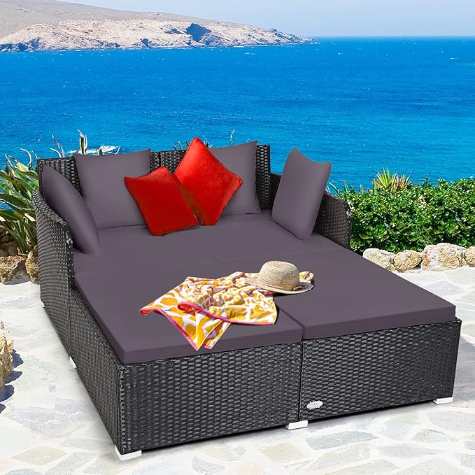 COSTWAY Outdoor Patio Rattan Daybed, Sponge Cushioned Loveseat Sofa