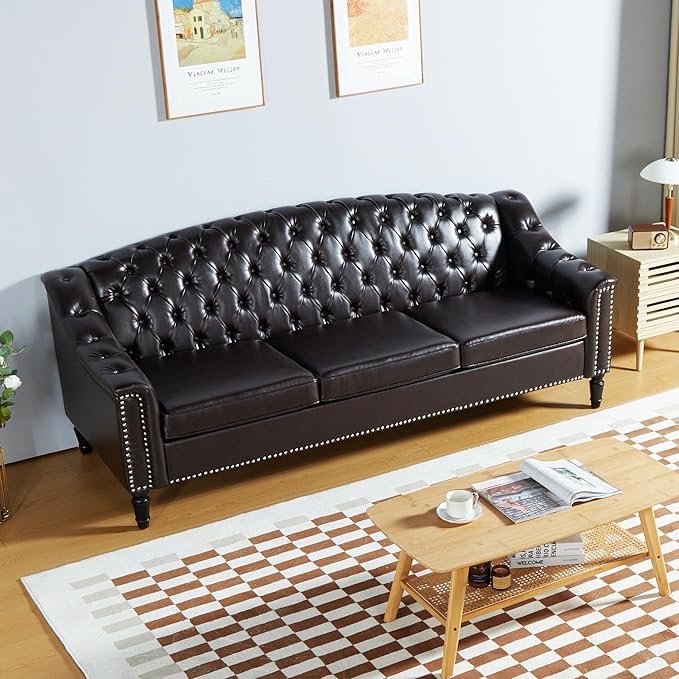 LEVNARY Mid-Century Modern Leather Couch, Chesterfield Sofa Sleeper Settee