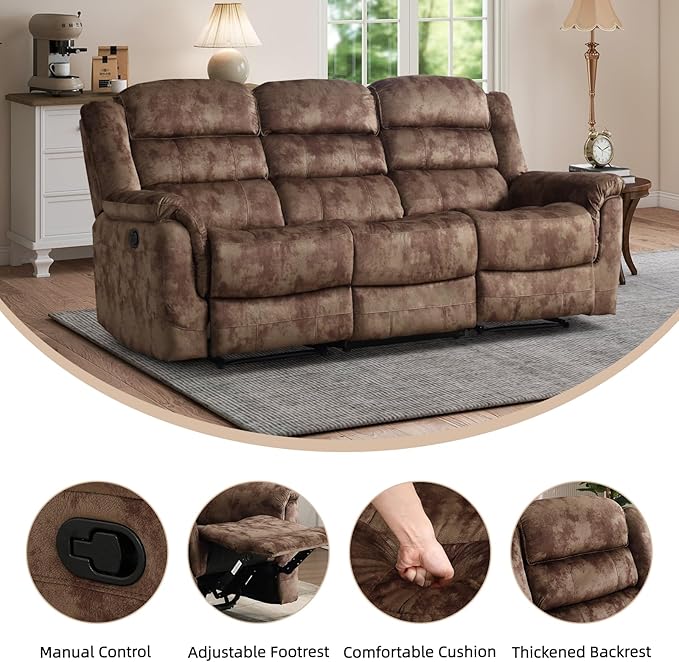 EBELLO 3 Pieces Reclining Living Room Set, Soft Fabric Manual Recliner Sofa