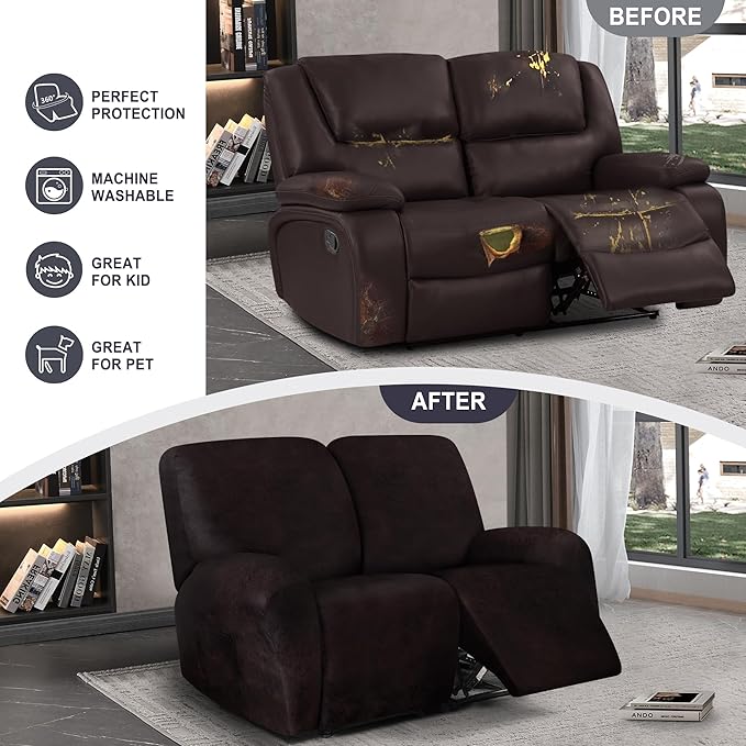 ANARACHON Leather Look Loveseat Recliner Cover, 6-Pieces Stretch Dual Recliner