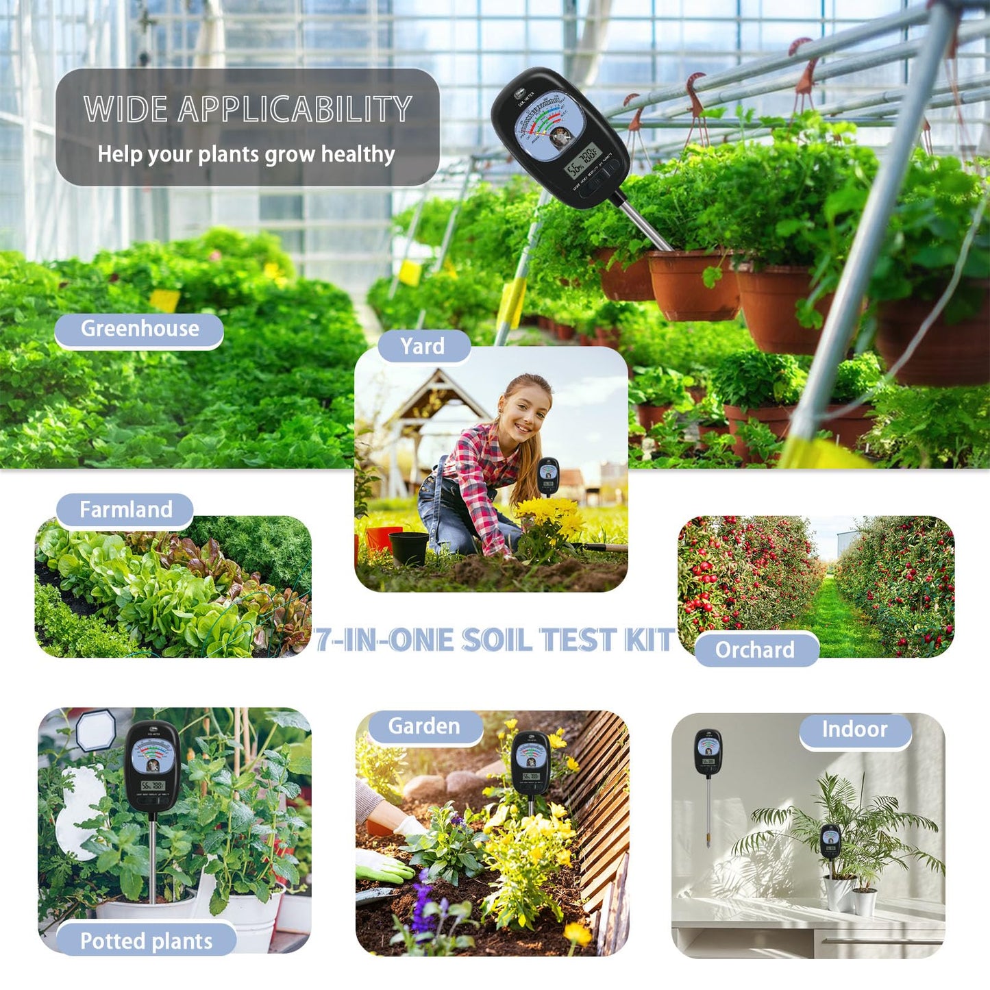 7-in-one Soil Test Kit, Soil Moisture Meter/PH Meter/Sunlight Intensity/Fertility Soil Tester, LCD Display Air & Soil Hygrometer Temperature for Hous Plants Garden, Farm, Lawn Care Moisture Meter