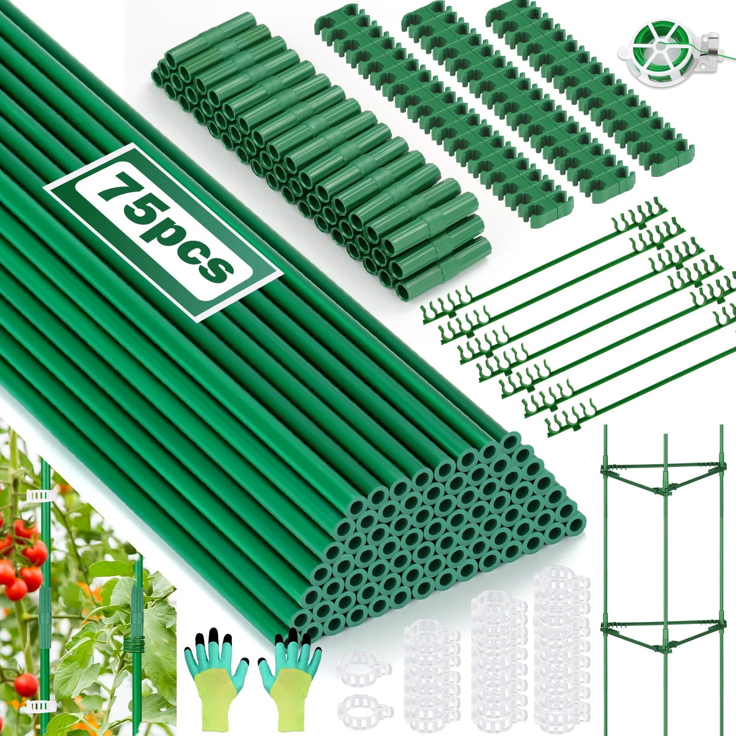 Qinzave 256PCS Garden Stakes Set with 75PCS 16 Inch Fiberglass Plant Sticks and Stake Arms, DIY 4ft 5ft 6ft 7ft 8ft Tomato Stakes, Garden Stakes for Vegetables Tomato Pepper Indoor Outdoor Plants