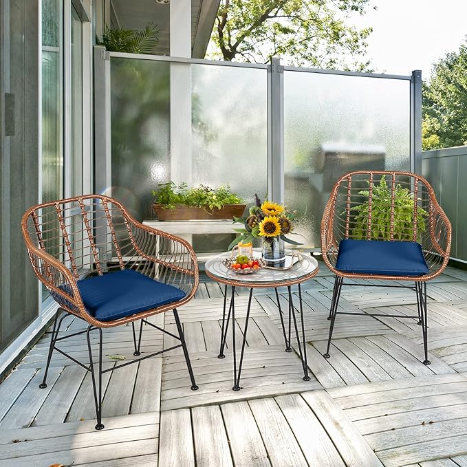 Tangkula 3 Pieces Patio Conversation Bistro Set, Outdoor Wicker Furniture