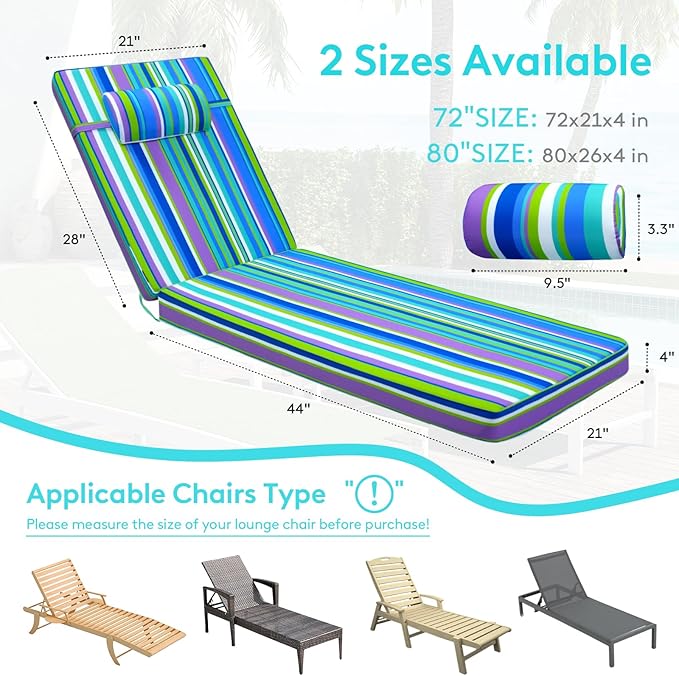 Chaise Lounge Cushion for Outdoor Furniture, Waterproof, Fade-Resistant and