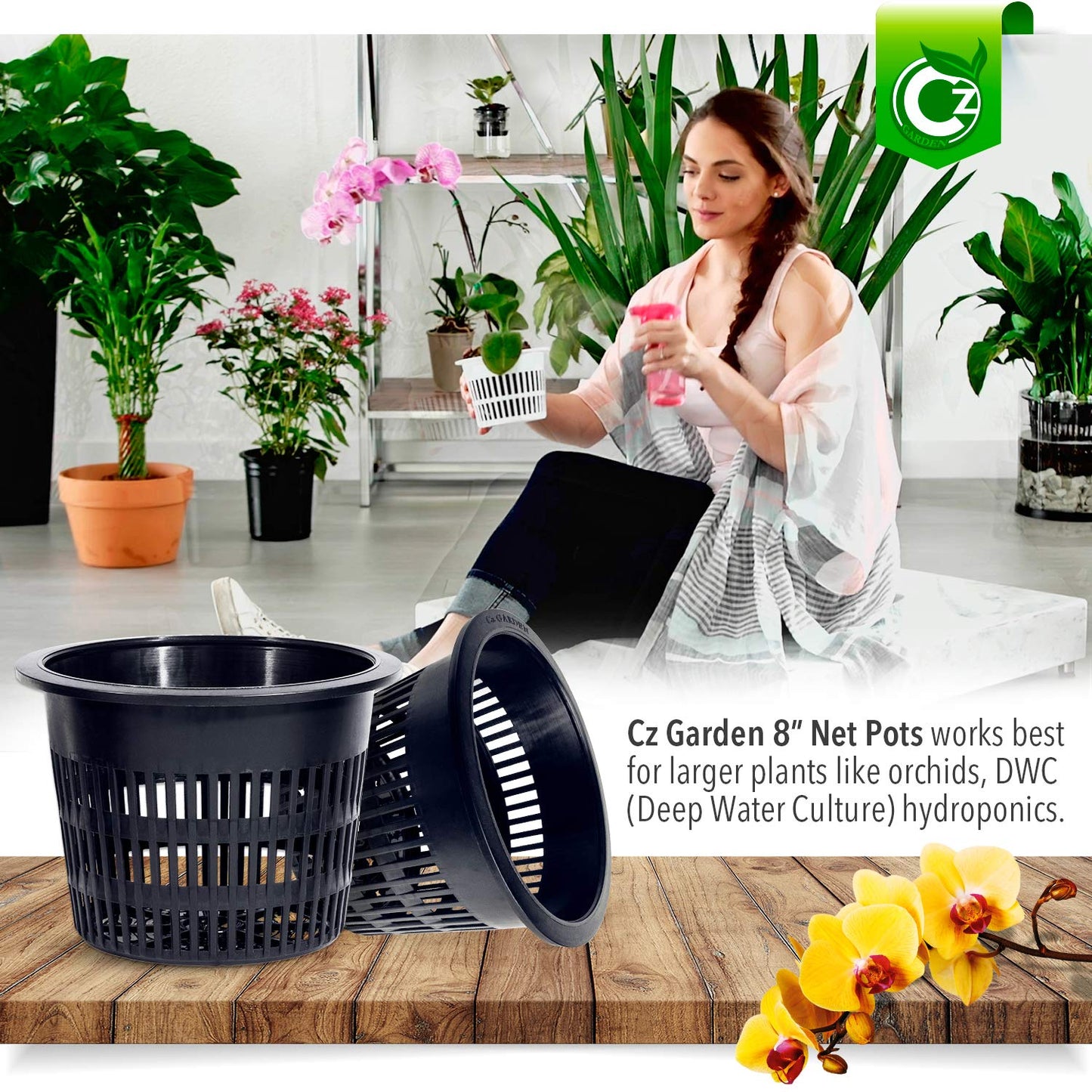 8 inch Net Pots Heavy Duty Round Cups Wide Rim Design - Orchids • Aquaponics • Aquaculture • Hydroponics Slotted Mesh (Cz Garden All Star 5 Pack Black)