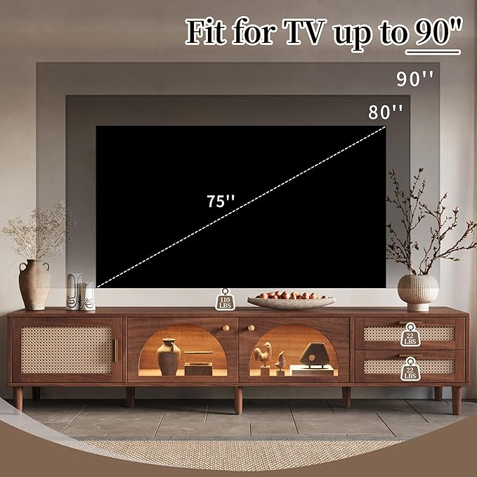 Merax Rattan TV Stand with LED Lights, Solid Wood Feet, Living Room, Bedroom