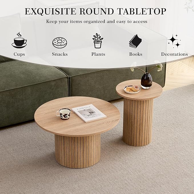 Round Nesting Coffee Table Set of 2 Mid Century Modern Wood Round Coffee Tables