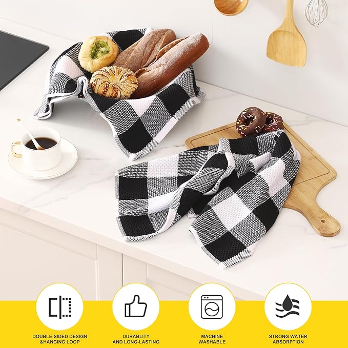 Homaxy 100% Cotton Waffle Weave Check Plaid Kitchen Towels, 20 x 28 Inches