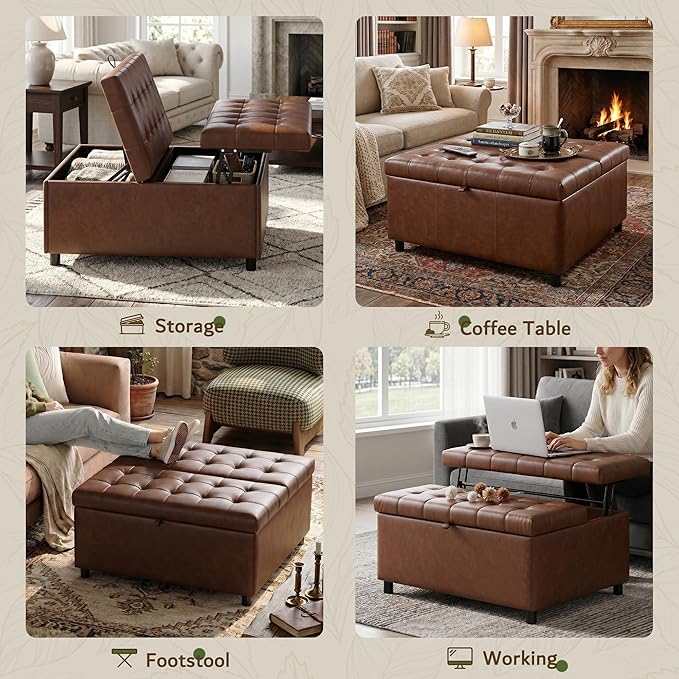 LINLUX Extra Large Leather Storage Ottoman, 35.5 Inch Large Square Lift Top