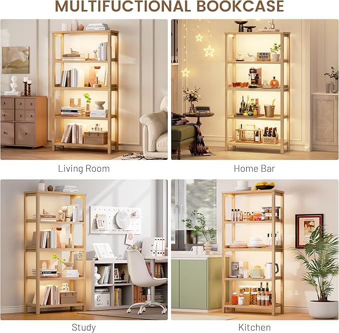 Vlsrka Wooden Bookshelf with Lights, 5 Tier Bookshelf with Storage, Tall