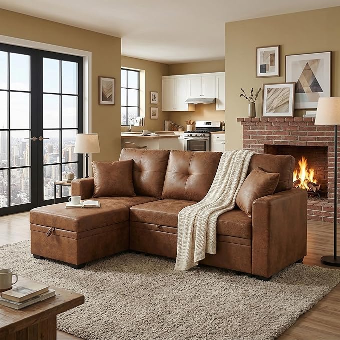 L Shaped Sectional Couch with Storage and Pull Out Bed, 3 Seater Sleeper Sofas