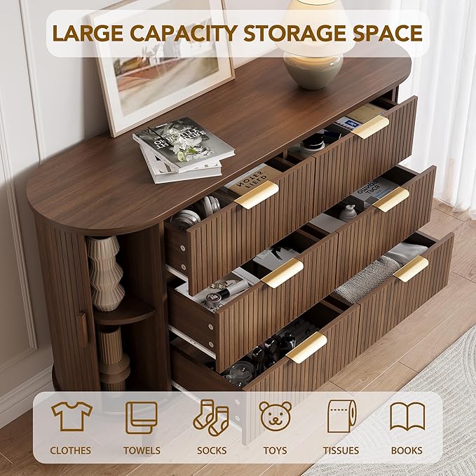 Decofy Fluted 6 Drawers Dresser, Curved Profile & Sturdy Legs, Wood TV Stand