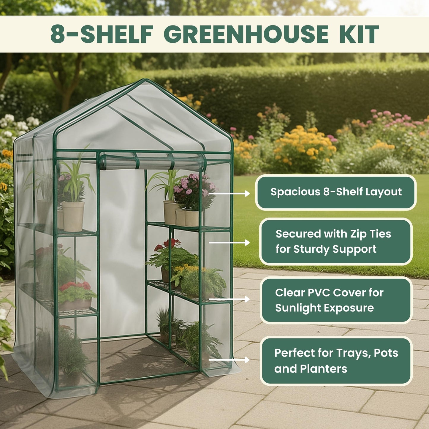 Greenhouse - Walk in Greenhouse with 8 Sturdy Shelves and PVC Cover for Indoor or Outdoor Use - 56 x 56 x 76-Inch Green House by Pure Garden