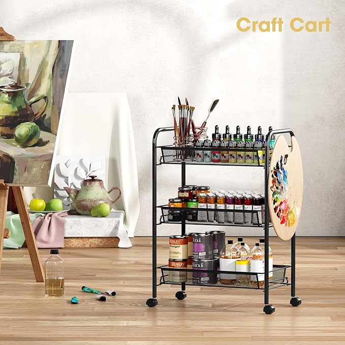 TOOLF 3-Tier Metal Rolling Cart, Mesh Wire Easy Assemble Utility Cart, Storage