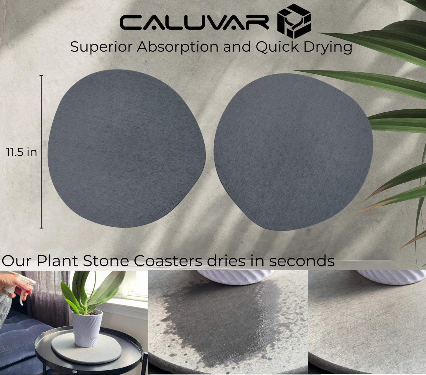 Stone Plant Saucer Set of 2 Large 11.5 in, Absorbent Diatomaceous Earth Plant Tray for Indoor Plants, Plant Pot Saucer with Silicone Feet, Grey Slate Water Absorbing Planter Tray