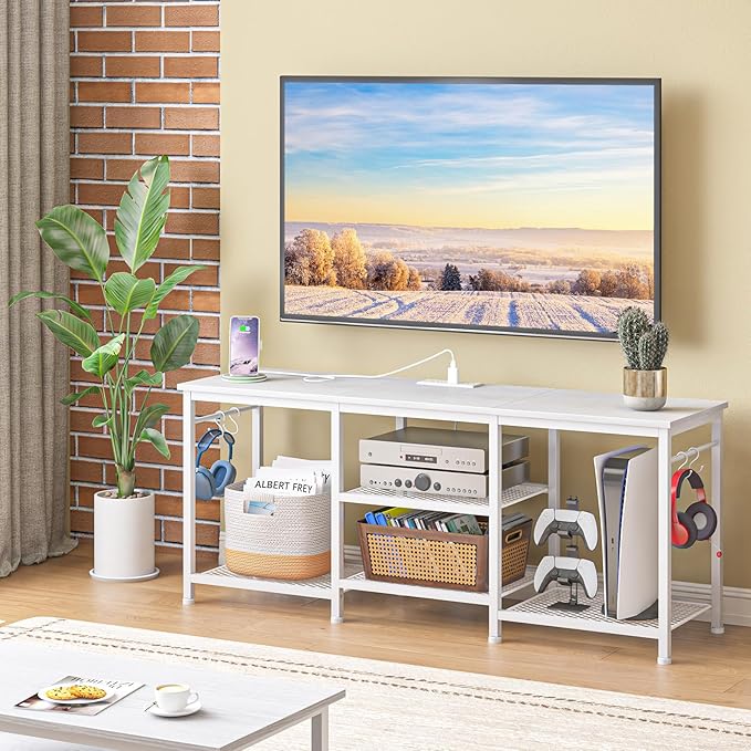 YGEOMER White TV Stand for Up to 55 Inch Tvs, Entertainment Center
