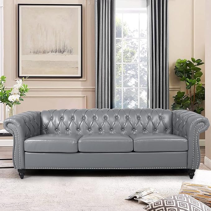 LEVNARY Chesterfield Sofa, Classic Tufted Upholstered Leather Couch, Modern 3