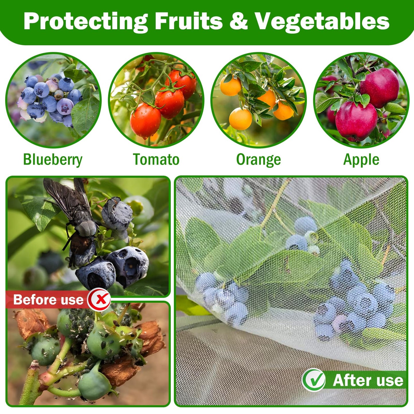 6 Pack Garden Netting for Plants 2.6x3.3ft - 3.3x4.9ft Mesh Fruit Tree Blueberry Pest Barrier Bug Netting with Drawstring 2-Size Insect Bird Netting for Tomato Vegetable Net
