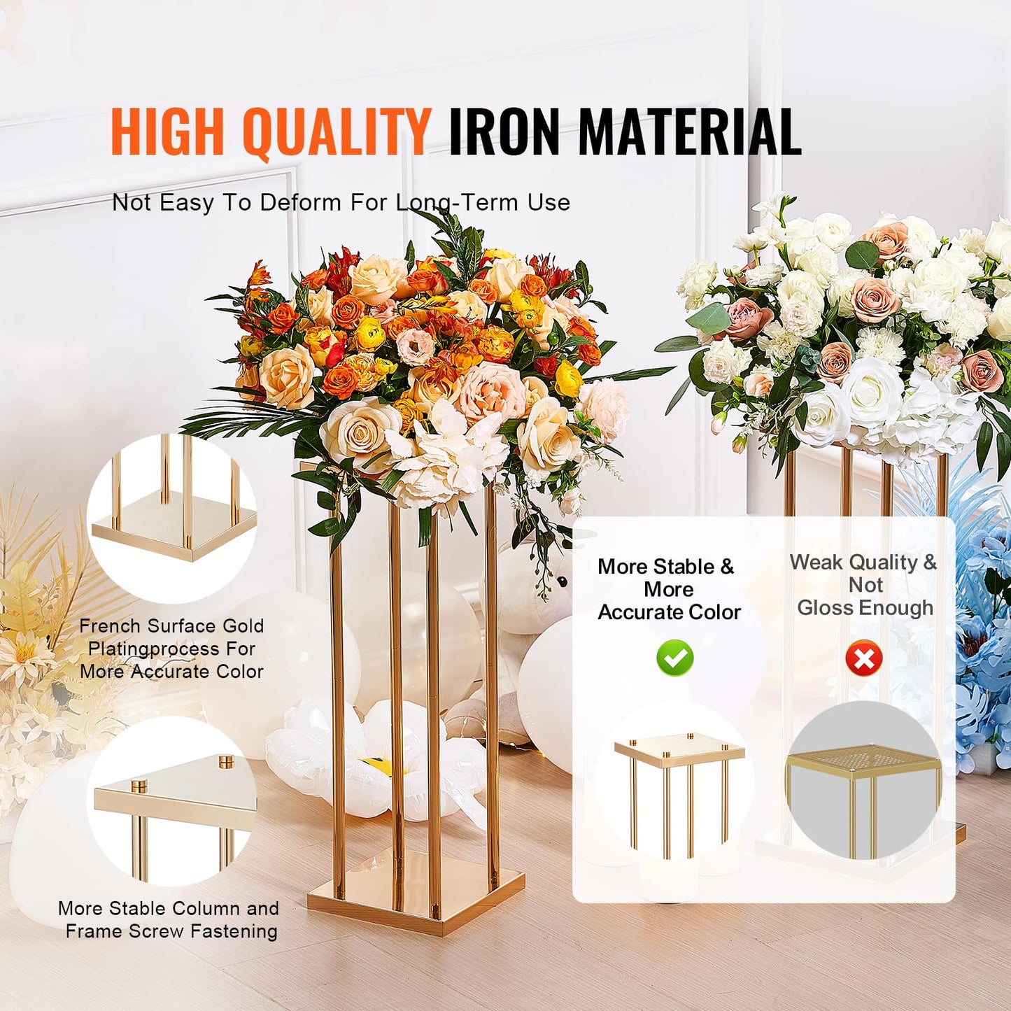 Happybuy 4PCS Gold Metal Column Wedding Flower Stand, 31.5in Geometric Vase Centerpiece Stands, Cylindrical Floral Display Rack for Events, Reception, Party Decoration