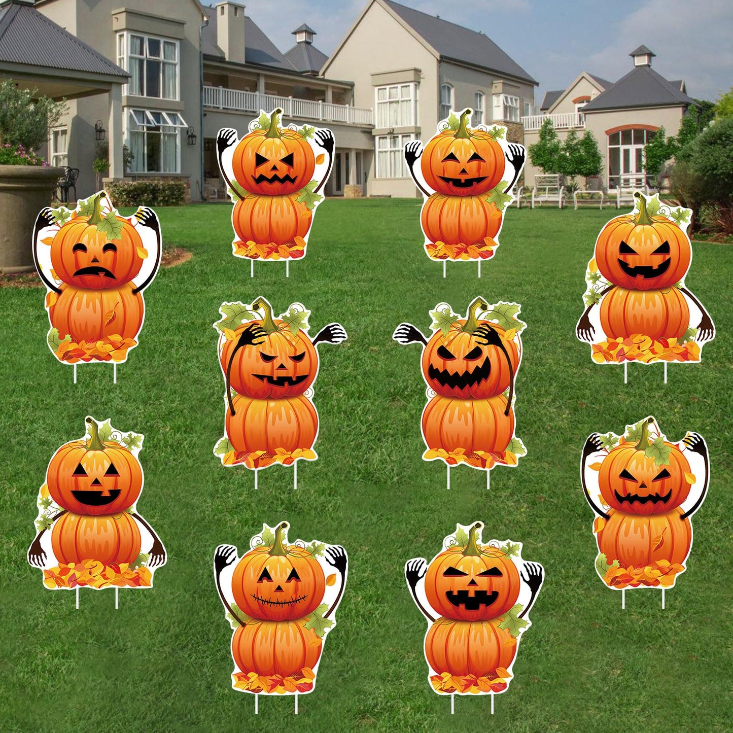 DECEED 10 PCS Halloween Pumpkin Yard Signs with Stakes, Waterproof Pumpkin Ghost Lawn Signs, Trick or Treat Party Garden Outdoor Decorations, 10 Cute Scary Styles
