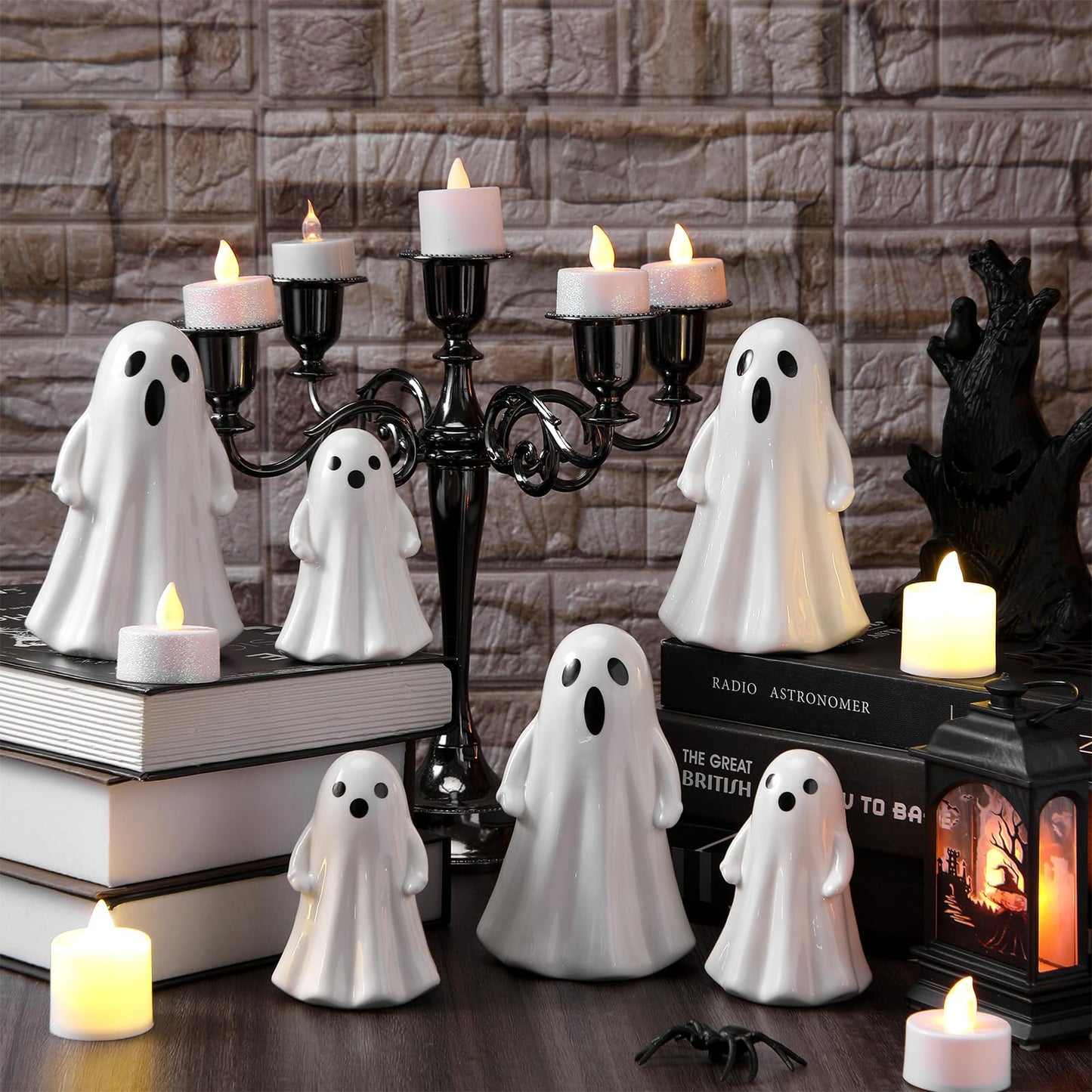 Leinuosen 6 Pcs Halloween Ghost Figurines 3 Large (5.12") & 3 Small (3.54") White Ceramic Ghost Decor Cute Ceramic Halloween Ornaments for Tabletop, Mantel, Tiered Tray & Shelf Decor