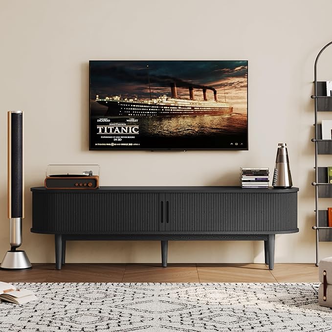 LINSY HOME 70" Fluted TV Stand for TVs up to 80 Inch, Mid Century Modern
