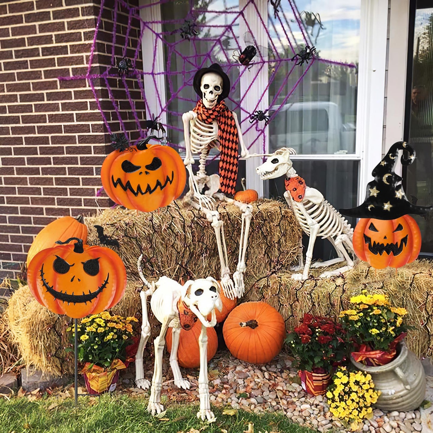 Halloween Garden Stakes, Stacked Metal Pumpkins Jack-o-Lantern Lawn Decor with Witch Hat, Shimmering Halloween Yard Signs Stake Decorative Pumpkin Stake for Outdoor Patio Pathway Home Decorations (A)