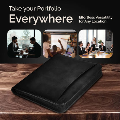 Black Zippered Leather Portfolio Binder - PU Leather Business Portfolio Organizer - Padfolio for Men & Women with US Letter Notepad, 10.5 Inch Tablet Pocket & Gift Box by Lautus Designs
