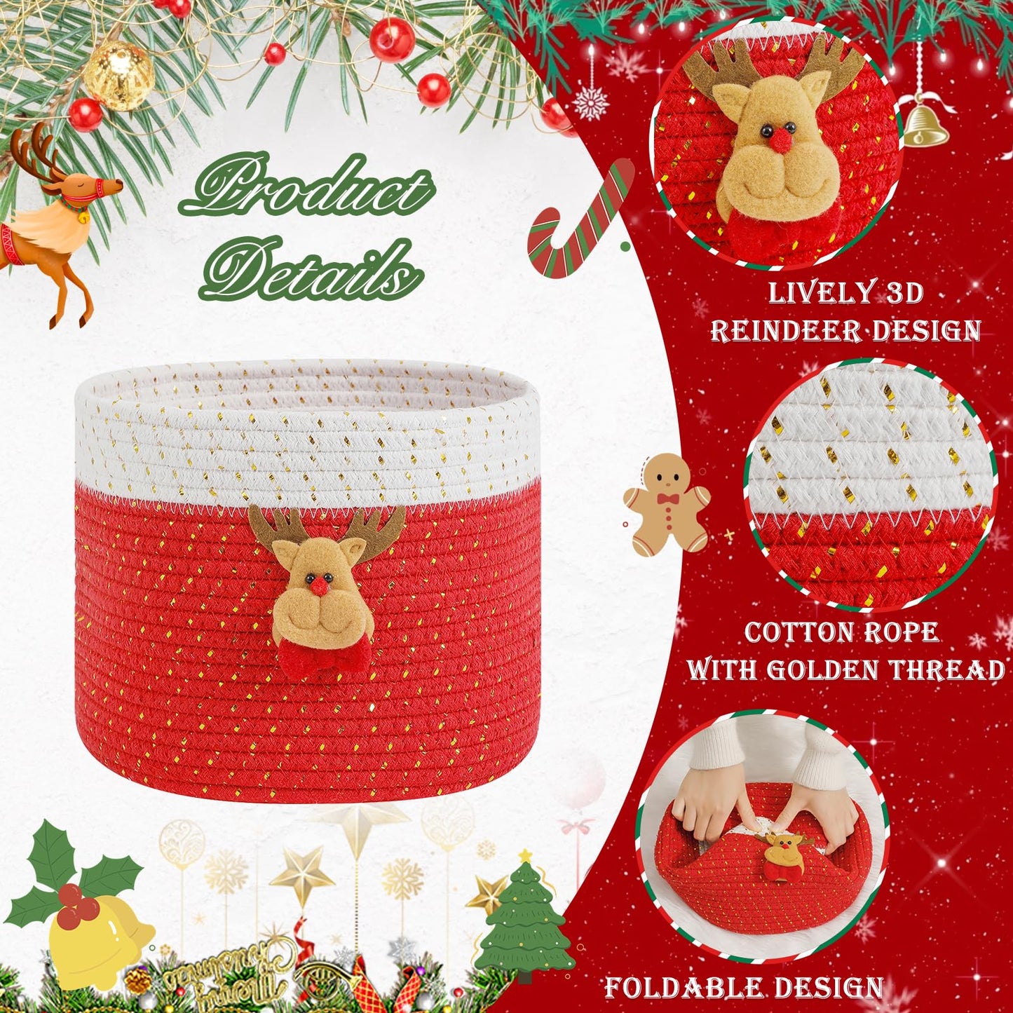 INough Christmas Baskets Cotton Rope Baskets for Christmas Empty Red Christmas Toy Bin, Christmas Gift Bin Large Blanket Storage Baby Basket for Kids Room/Living room (Reindeer Large)