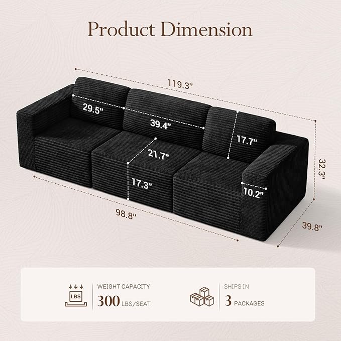 Vesgantti 119" Modular Sectional Sofa, Corduroy Cloud Couch