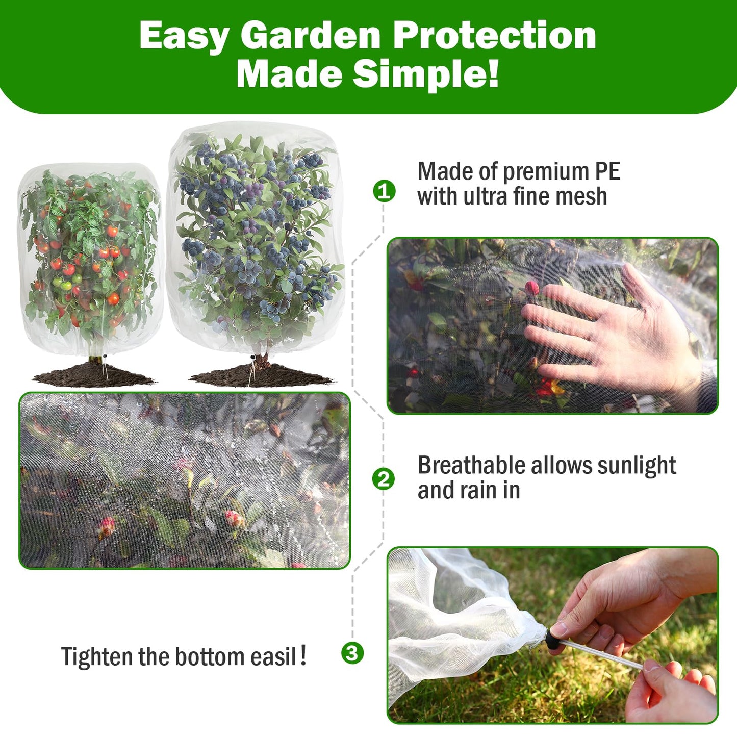 2 PCS Large Fruits Tree Netting Cover for Garden 10 x 10 ft Garden Insect Bird Barrier Plant Netting for Tomato Blueberry Bush Netting Covers Deer Cicada Netting Cover Bag with Drawstring