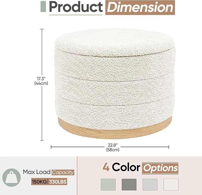 Round Storage Ottoman with Tray Lid, Folding Chenille Fabric Footrest with