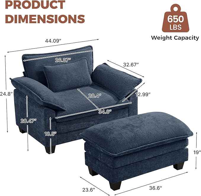 Oversized Accent Chair with Ottoman Set of 2, Upholstered Armchair with Extra