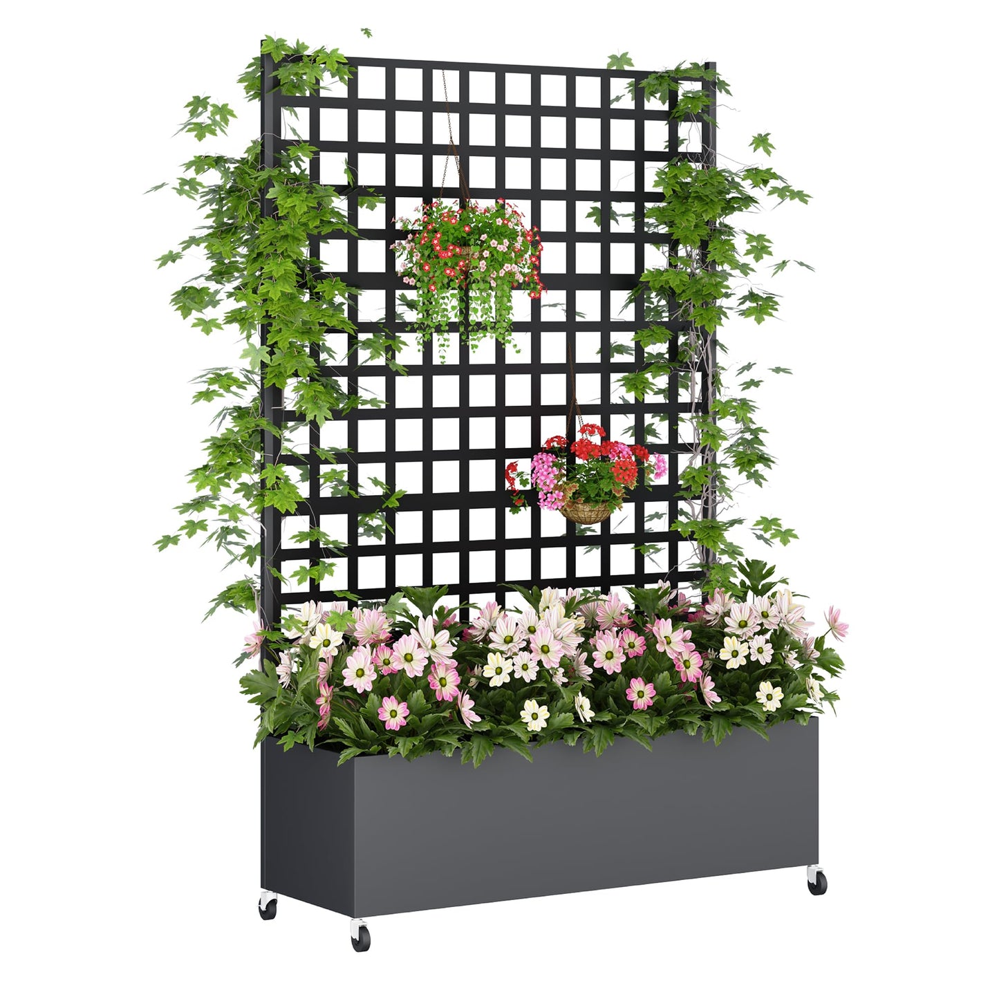 Sunnibety Metal Planter Box with Trellis Privacy Screen, Raised Garden Bed with Lattice Trellis & Wheels, Privacy Planters for Patio, Planter Box for Climbing Plants, Flower, 73"x 47"x 16", Black