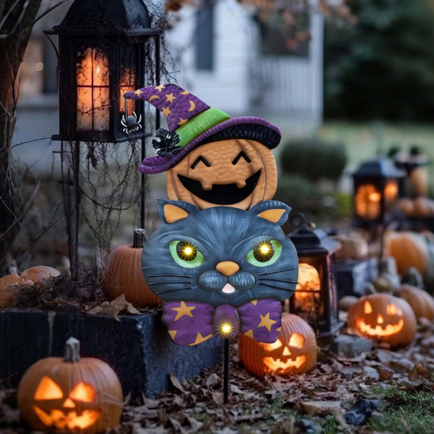 TERESA'S COLLECTIONS Metal Halloween Yard Stakes, Halloween Decorations Outdoor with Cute Black Cat Pumpkin, Jack-o-Lantern Stacked Garden Stakes Lawn Gift for Party Pathway Porch Patio Decor, 25“